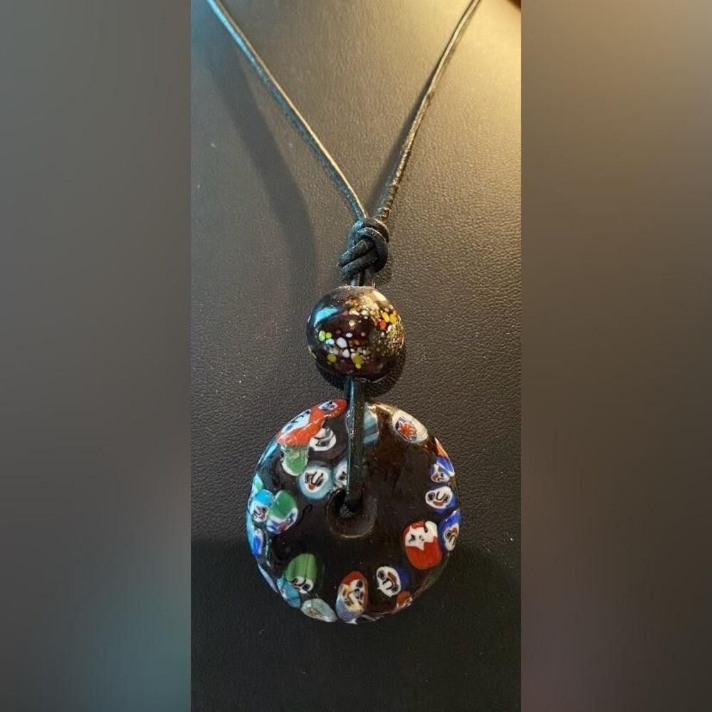 Multicolor Glass Pendant Necklace Black Cord Round Art Boho Statement Jewelry